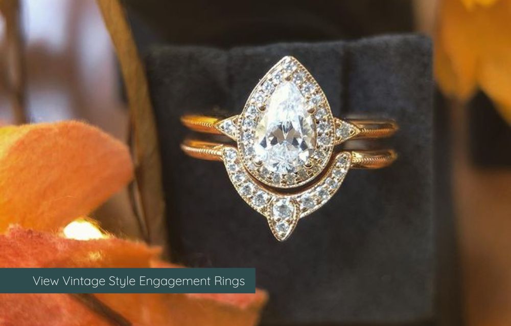 Three Stone Milgrain Cushion Halo Engagement Ring