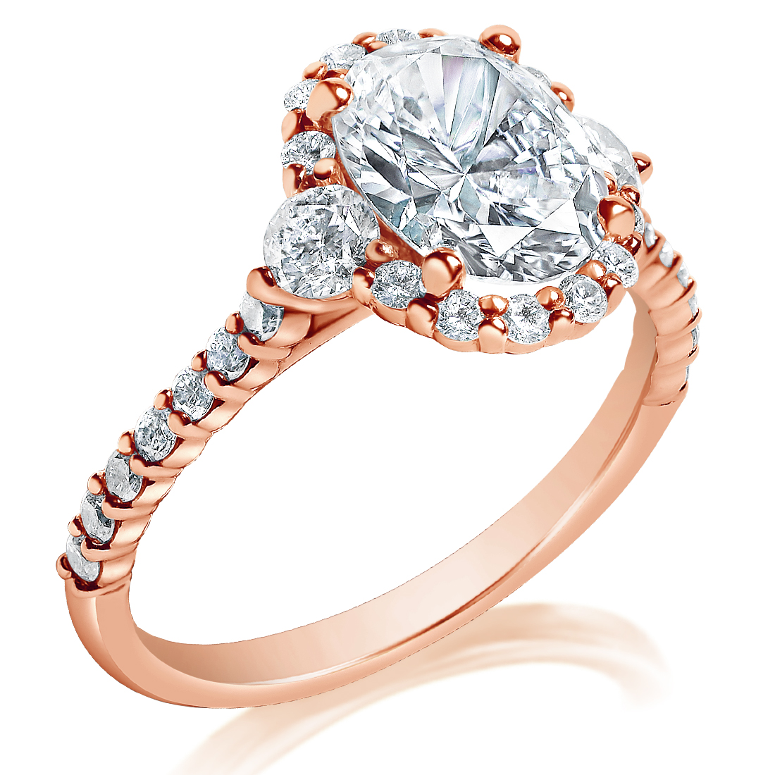 Oval Halo Three Stone Shared Prong Engagement Ring